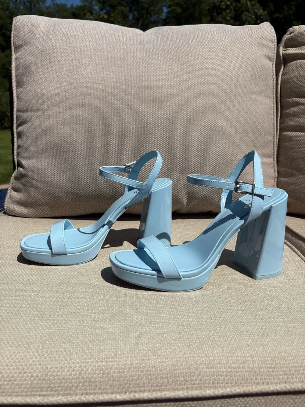 Mix No. 6 Light Blue Patent Platform Block Heel Sandals